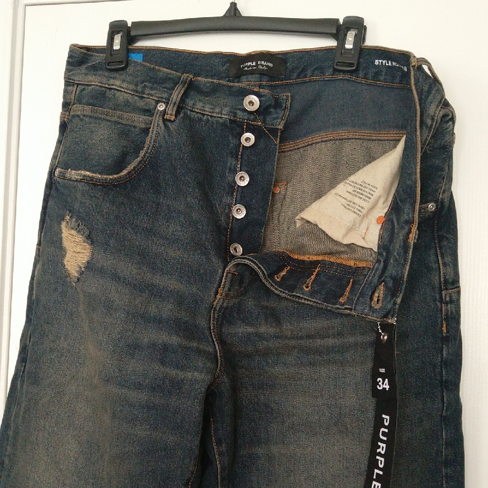 Purple Brand Men  100% Cotton Button Fly Denim Blue Relaxed Baggy Wide Leg Jeans